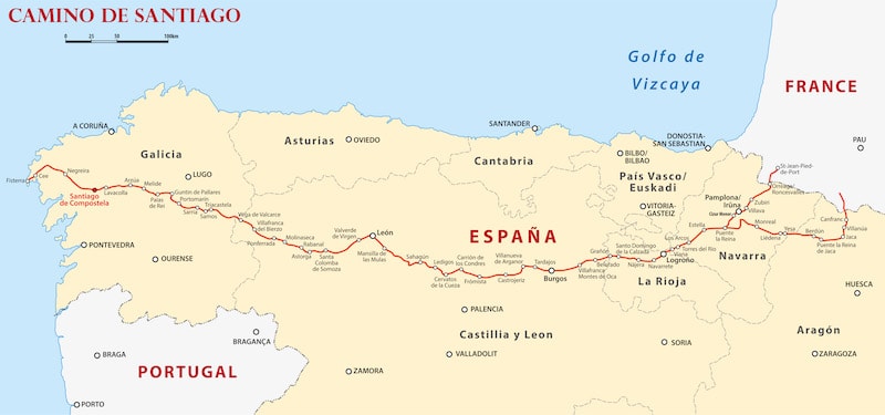 kaart van de route van Camino de Santiago